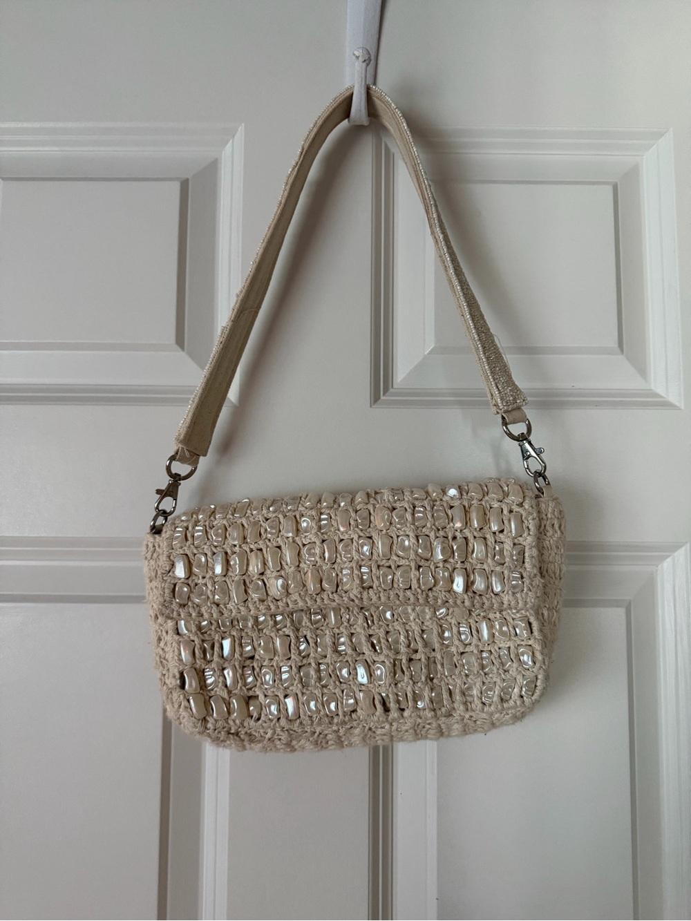Beaded Crochet 100% Cotton Shoulder Bag - White Cream